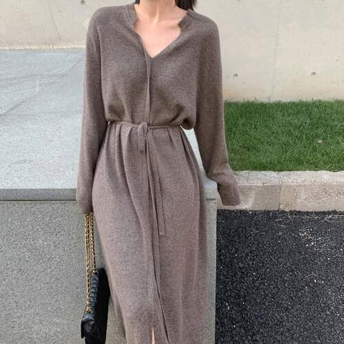 Autumn New 2021 Japanese Style Korean Fashion Womens Clothing Solid Color Long Sleeve V-neck Casual Simplicity Knit Dress