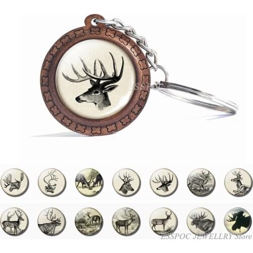 Deer Wooden Keychain Glass Cabochon Jewelry Women Men Vintage Animal Pendant Black and White Elk Key Chain Christmas Gifts