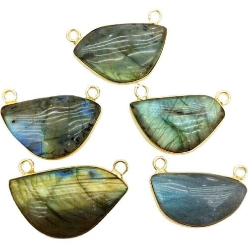 Natural labradorite connector Leaf Gem stone charms gold color plated double bail pendant for DIY jewelry making