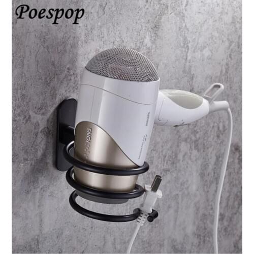 POSEPOP Black hair dryer rack with cup hair dryer rack Rack Hair Blow Dryer Holder Aluminum Shelf Bathroom Accessories