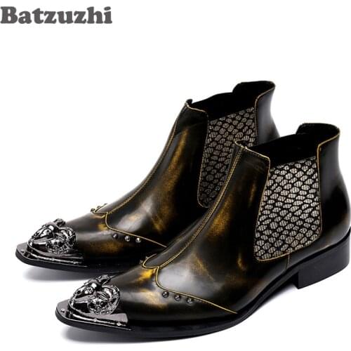 Batzuzhi Luxury Handmade Leather Mens Boot Pointed Toe Metal Toe Mens Dress Boots Slip On Men Booties size 35-46 Botas Hombre