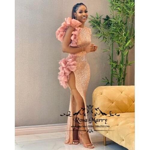 Rose Gold Sequined Mermaid Evening Dresses for Women 2021 Long Sleeves High Split Girls Celebrity Formal Prom Party Gowns