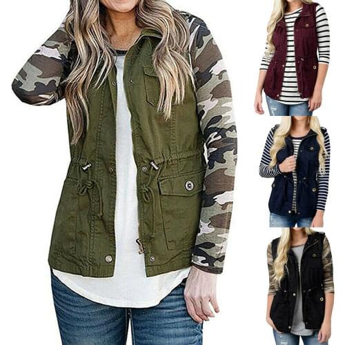 Safari Style Womens Cargo UtilityVest Pockets Drawstring Waist Waistcoats Casual Autumn Bomber Jacket Coat Solid Zip Up Vest