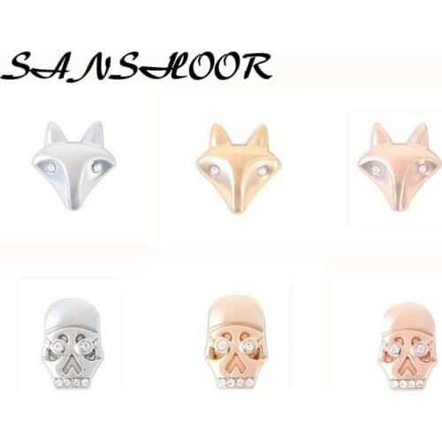 SANSHOOR Mixed Colors Pave Fox Skull Keeper Charms Fit Diy Mesh Arm Bracelets For Women As Mothers Day Gifts 6Pcs