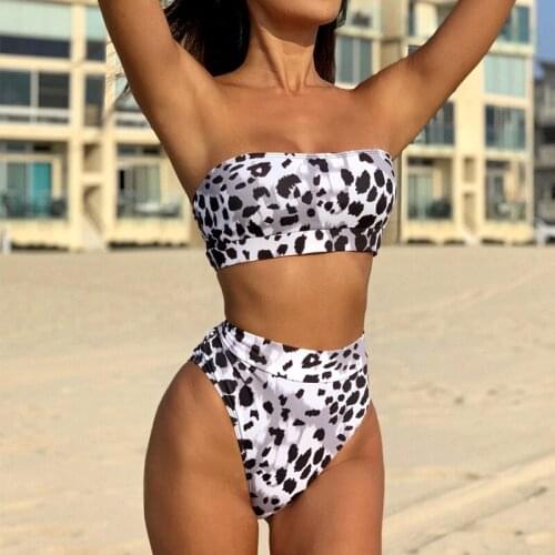 Sexy High Cut Two-Piece Swimsuit Women 2021 High Waisted Bandeau Leopard Push Up Bikinis Set With Padded Beach Swim Wear Summer