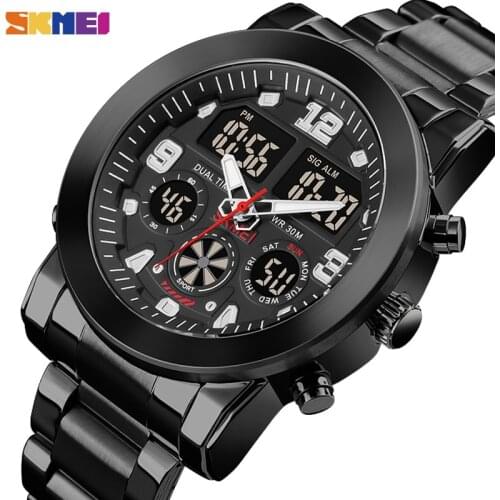 SKMEI Fashion Casual Watches Mens Clock 3 Time Chrono Count Down LED Quartz Wristwatches Stainless Steel Strap Men Watch Reloj