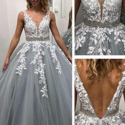 SuperKimJo Robe De Soirée De Mariage Pageant Dresses for Women 2022 Silver Lace Applique Beaded Elegant Prom Gowns 2021