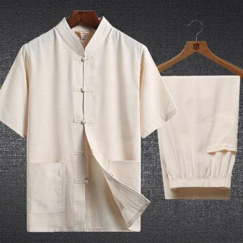 Traditional Chinese Clothing Set Man Oriental 2 Pieces Tai Chi Kung Fu Uniforms Short Sleeve Linen Casual Chinese Costumes