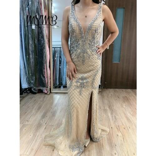 Sexy Plugning Neck Open Back Evening Party Dress MYMB Stunning Red Carpet Event Dress With Split MY21103