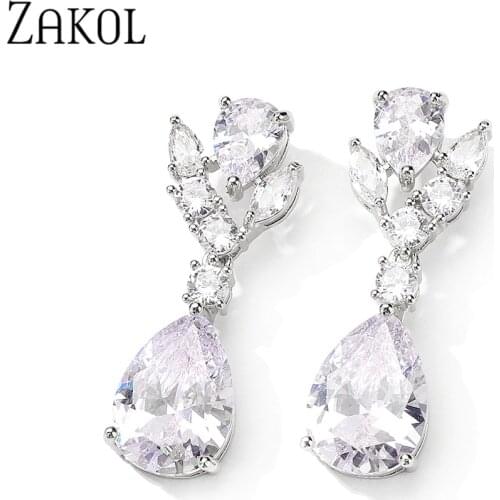 ZAKOL Fashion Classic Colorful Water Drop Cubic Zirconia Dangle Earrings Shinny Green Blue AAA CZ Banquet Jewelry for Women