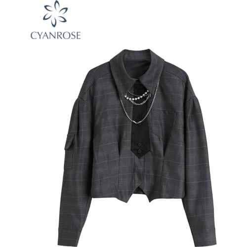 Women Gothic Dark Plaid Blouses With Tie Chain 2021 Spring Goth Punk Cardigan Shirts Female Streetwear Loose Retro Blusas Tops