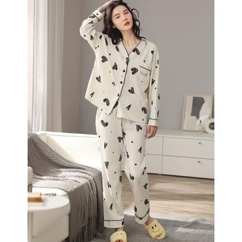 Pure Cotton Long Sleeve Two-piece Ladies Nightie Pure Color Fashion Loose Home Wear Concise Styie Comfortable Women Pajamas Set