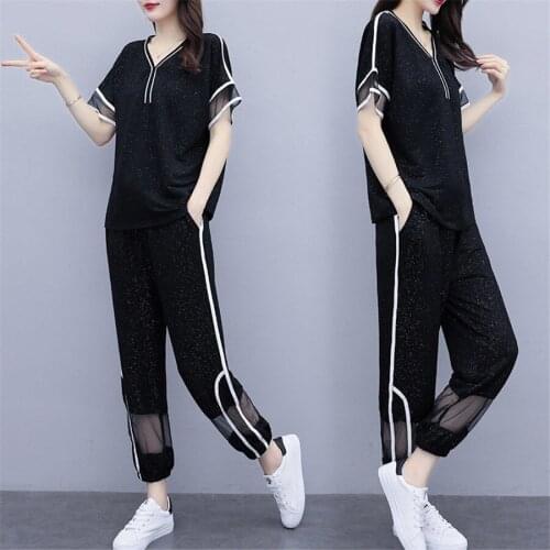Summer Womens Sets Female Sexy V Neck T-shirts+Fashion High Waist Mesh Jogger Ninth Pants Suits Loose Casual Two Pieces