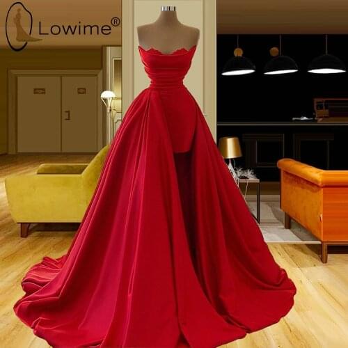 2021 Red Evening Dresses Elegant Strapless Ruched Satin Evening Gowns Formal Dress for Prom Party
