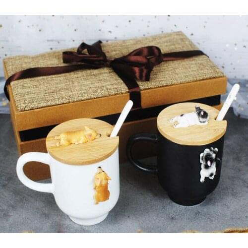 401ML Kawaii Dog Ceramic 3D Corgi french bulldog Mug With Bamboo cup cover Creative Shop Home Decor Organizer Gifts For girls