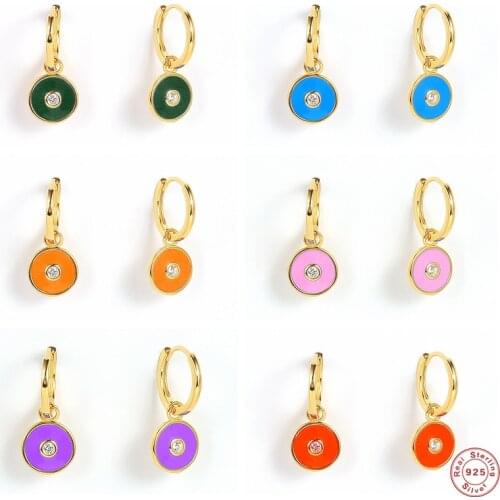 Aide 925 Sterling Silver Colorful Enamel Zircon Charm Hoop Earrings For Women Dripping Oil Round Pendant Earrings Fine Jewelry