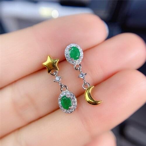 WEAINY Asymmetrical Emerald Earrings, S925 Silver Earrings, Moon and Stars Earrings, Exquisite Womens Earrings