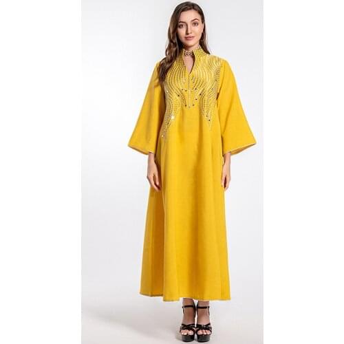 Women Ethnic Arabic Dress Imitation Linen Dubai Jelleba Gown Loose Sequins Embroidery Islamic Muslim Clothes Party Evening Eid