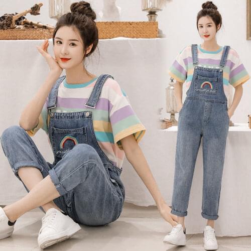 Bib Blue Black Rainbow Age Reduction Spring and Summer Bib Suit Female Korean Loose Mother Jeans