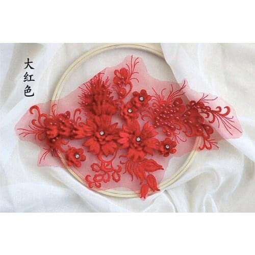 Red 3D Lace Applique With Rhinestones Bridal 3d Floral 3d Flower Appliques