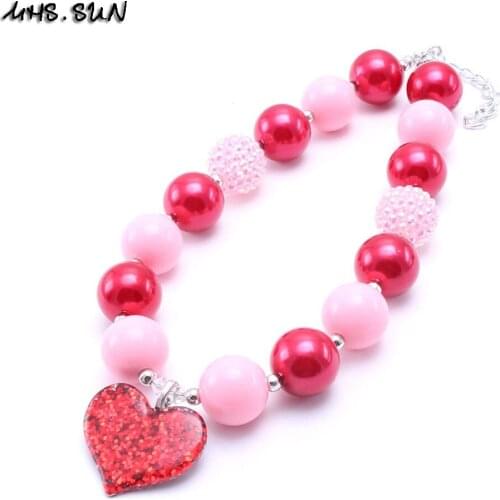 MHS.SUN 2Pcs Cute Heart Pendant Baby Kids Chunky Beads Necklace Girls Red/Pink Beads Necklace Toddler Valentines Day Gifts
