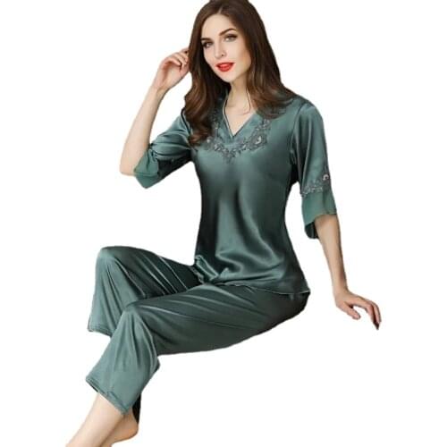 12811-b6 pijamas women Female pantsuit women Ice Silk Suit Long Sleeve silk pajamas Thin Bud Silk Sleeping Home Suit sleepwear