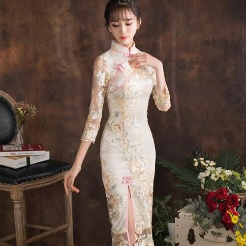 Cheongsam Dress Spring And Summer Lace Sleeve Girl Ladies Daily Dress Dignified Traditional Chinese Lady Long Silk Evening Dress