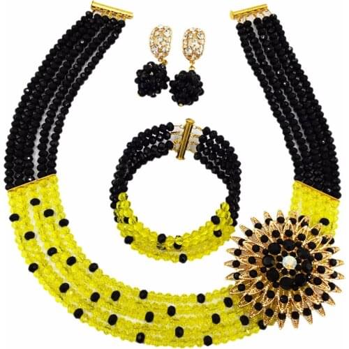 Amazing! Black Yellow Crystal Beaded Nigerian Wedding African Beads Jewelry Set for Women Girls 5L-ZJ008