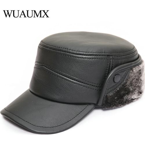 Wuaumx Genuine Cow Leather Military Hats Men Winter Leather Hats With Earflap Cowskin Hat With Lining plus Velvet Baseball Cap