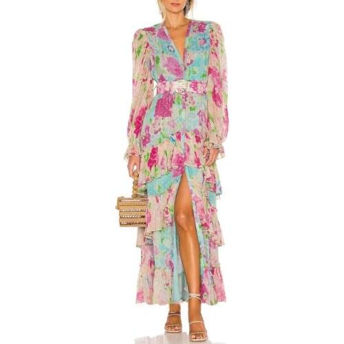 Gorgeous Spring Autumn New High Quality Women Designer Long Sleeve Elegant Fashion Party Ruffle Button Print Chiffon Long Dress