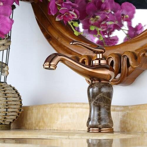 Bathroom Faucet Rose Gold Finish Brass Basin Sink Solid Brass Faucets Single Handle Water Mixer Taps Bath Crane with Marble