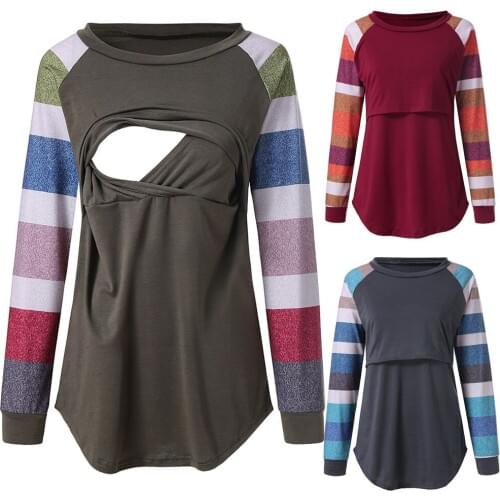 Spring Autumn Long Sleeve Maternity T-shirts Digital Printed Pregnant Tops with Breastfeeding Color Stitching Pregnancy Clothing
