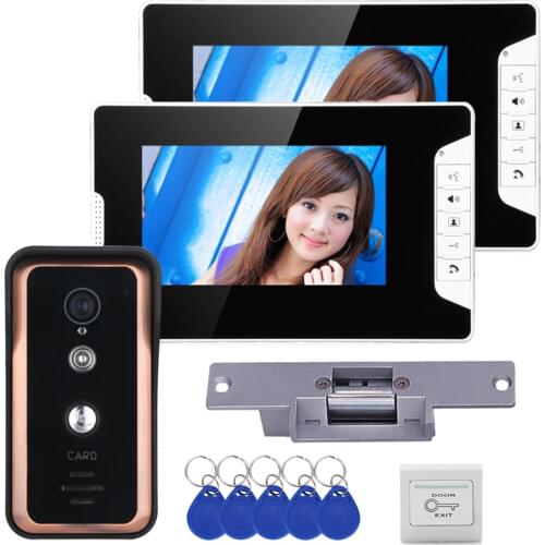 Wired 7 inch RFID Video Door Phone Video Intercom Doorbell System 2 Monitor 1 IR-CUT Camera + Electric Magnetic Lock