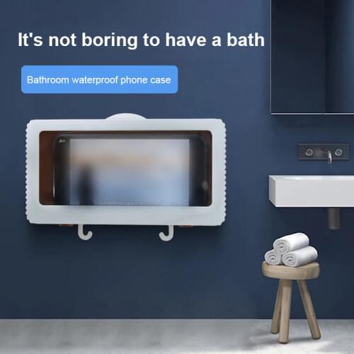 Bathroom waterproof non perforated wall mounted touch screen mobile phone bracket protective cover storage cassette hook