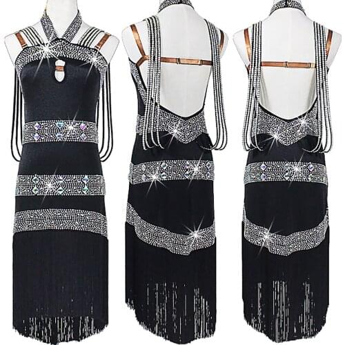 Cheap Latin Dance Dress For Ladies Black Color Diamond Braces Backless Skirts Women Showing Female Chacha Flamenco Dresses B090