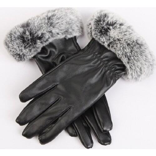 1 PC Women Touch Screen Black Leather Gloves Winter Autumn Warm Rabbit Fur Mittens rekawiczki