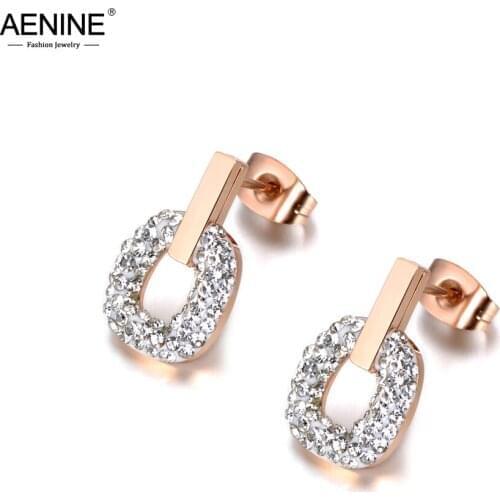 AENINE Jewelry Rose Gold Color Stainless Steel Mosaic White Clay Crystals Stud Earrings For Girls Women Boucle D'oreille AE18047