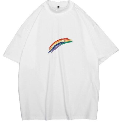 Summer Fashion Rainbow Print Mens Short Sleeve Loose Trend Top T-shirt Simple Color All-match Daily Large Size -40