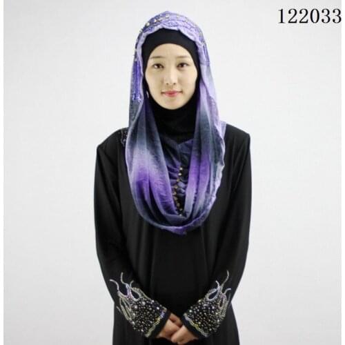 Beautiful Islamic women head scarf ramadan beaded blue purple red flower printing muslim hijab caps