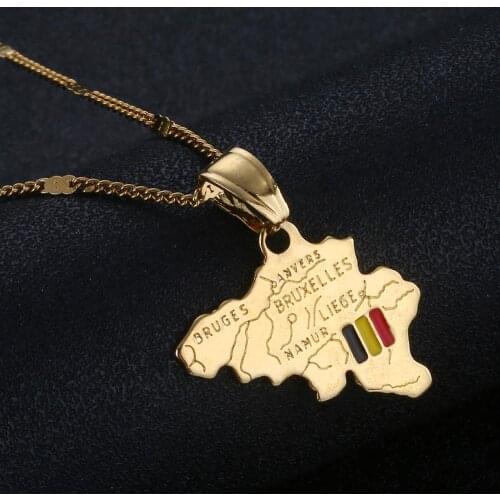 Gold Color Belgium Map Pendant Necklace Kingdom of Belgium Enamel National Flag Map Jewelry