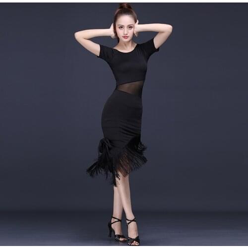 Latin Dance Dress Female Adult Performing Ballroom Tango Cha Cha Latin Dance Dresses New Short Sleeve Tassel Skirt Dance Dress