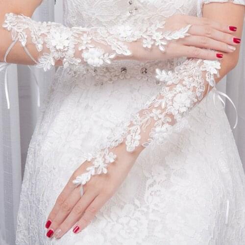 Bride Fingerless Wedding Gloves Embroidery Floral Lace Faux Pearl Long Mittens X7YC