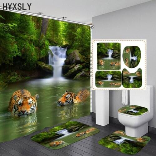 Tiger Waterfall Animals Printing Shower Curtain Polyester Curtains in Bathroom Bath Carpet Set Rugs Toilet Mats 4pcs Home Decor