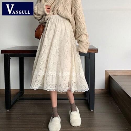 Vangull Elastic High Waist Lace Skirt Women Korean Version Spring Autumn New Slim Hollow Out Skirt Mid-Calf Female Party Skirt