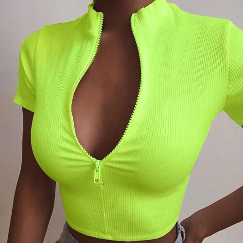 Fashion Sexy Slim Fit Zipper T-shirt For Women Deep V neck Solid Color Bustier Corset Cropped Tops Summer Clothes