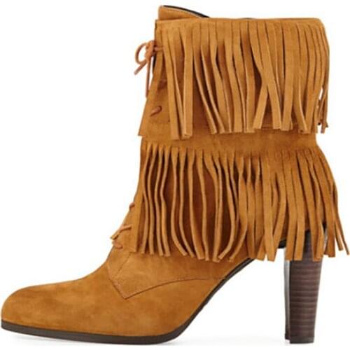 Nancyjayjii Women Suede 8cm High Heels Round Toe Winter Ankle Boot With Fringe Dress&Party&Office Shoes ,Large Size 4-16