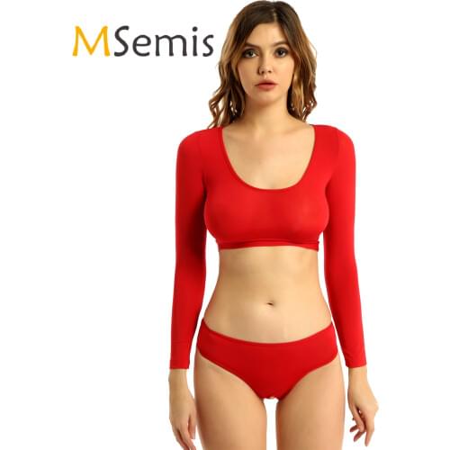Womens Lingerie Open Crotch Swimsuit Two-piece Underwear Lingerie Suit Scoop Neck Long Sleeve Crop Top with Crotchless Briefs