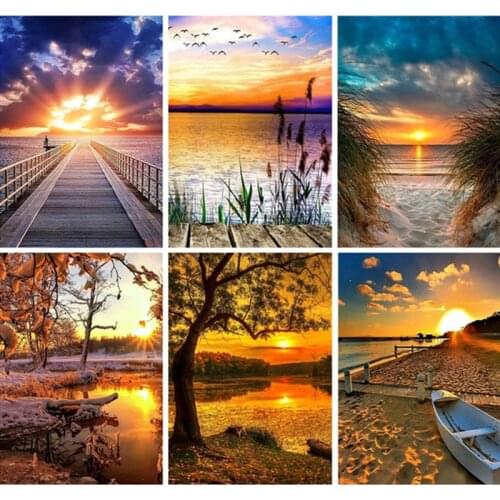 DIY 5D Diamond Drill Round Full Embroidery Lake Sunset Landscape Painting Cross Stitch Rhinestone Decoration Inlay