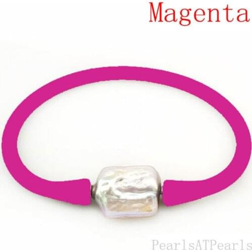 7 inches 10-16mm One AA Natural Square Baroque Pearl Magenta Elastic Rubber Silicone Bracelet