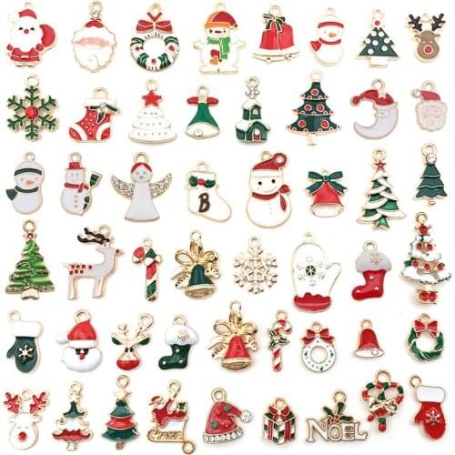Mixed Enamel Alloy Christmas Series Pendant Charms Necklace Findings Jewelry Making Accessories Xmas Tree Snowman Bell Crafts